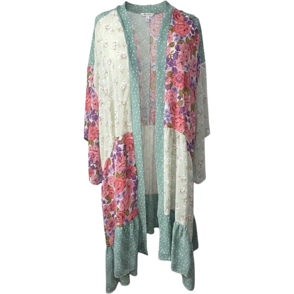 Gigio Floral Patchwork Kimono Cardigan Womens Medium Green Polka Dot Boho Duster